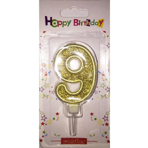 Number 9 birthday candle, golden glitter - PartyMonster.ae