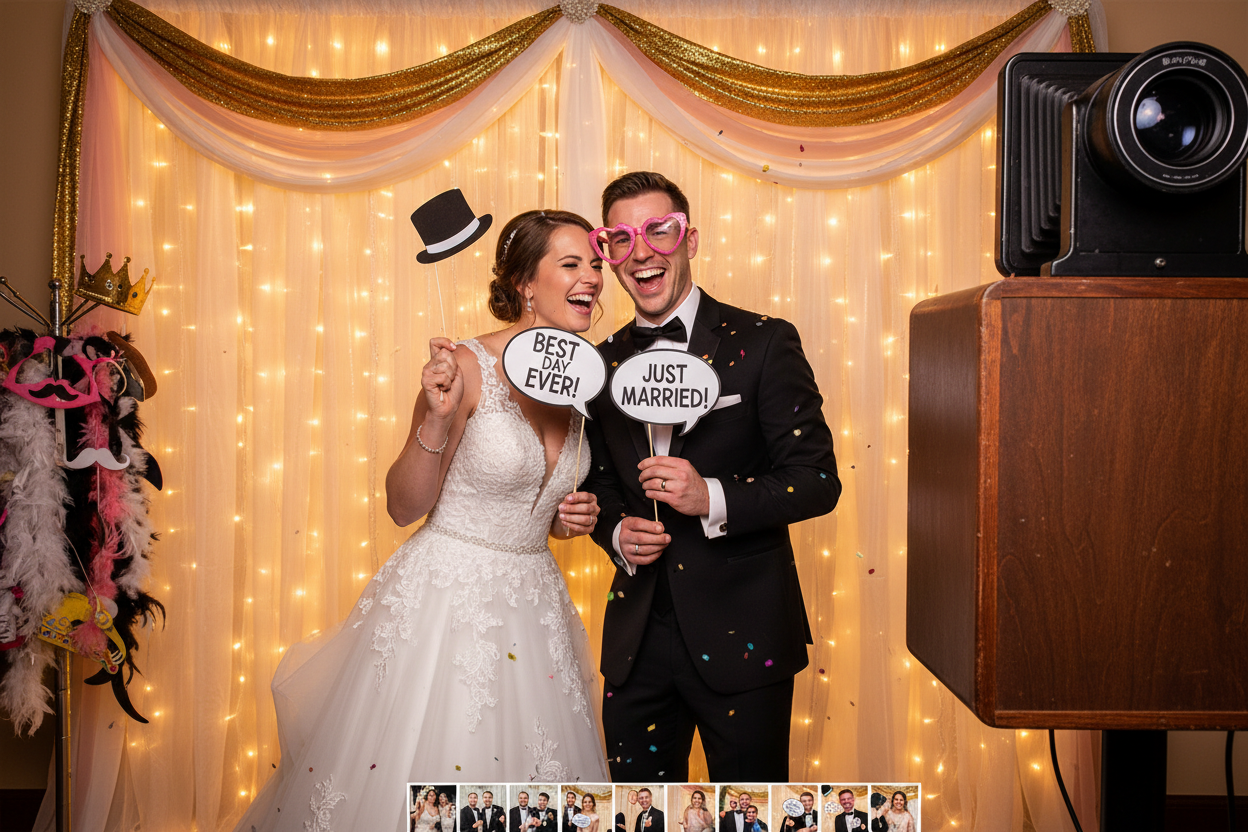 Wedding photo booth setup in Dubai with elegant backdrop
