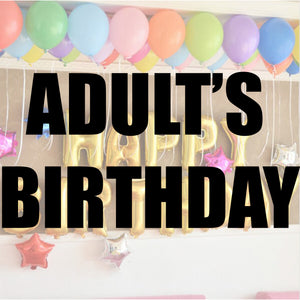 adult's birthday balloons and party supplies
