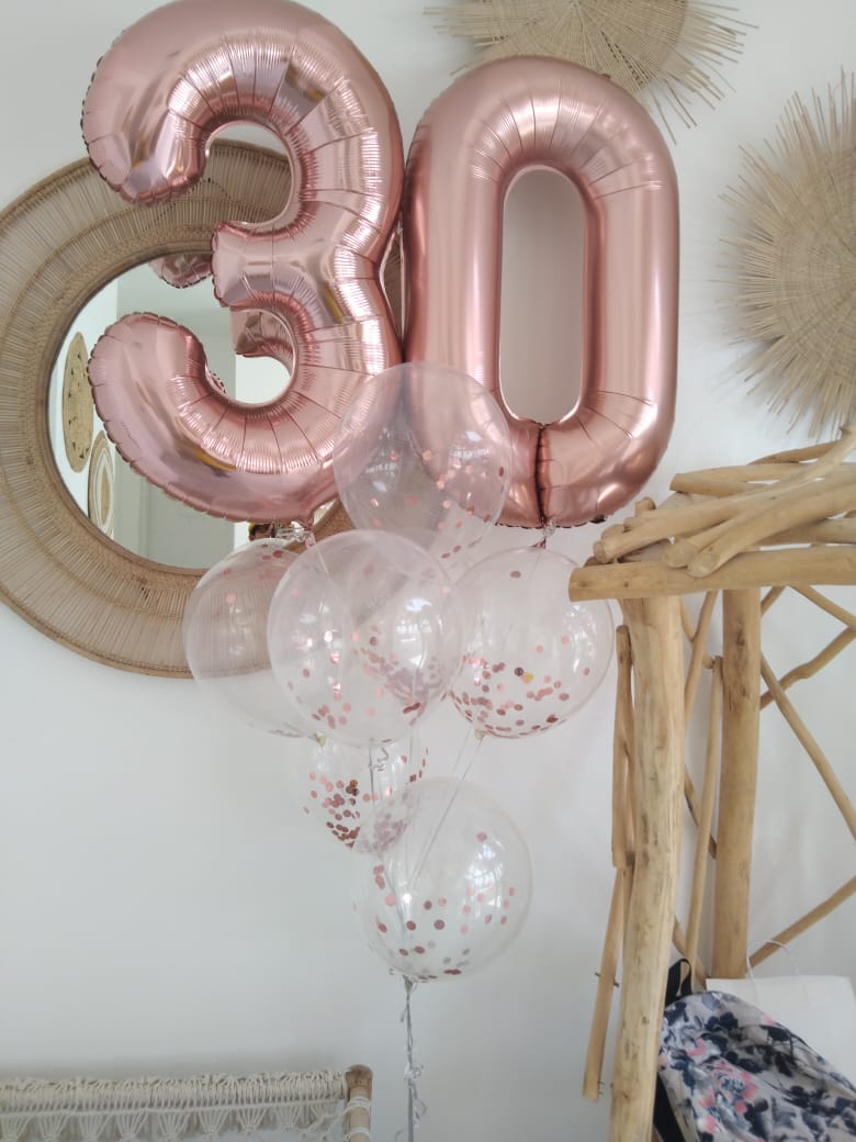Rose gold numbers balloons bouquet