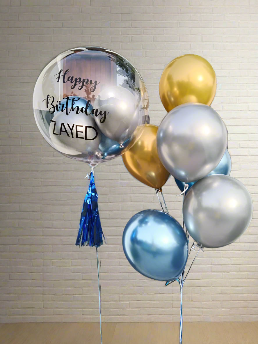customized Balloon bouquet with blue, silver, and gold balloons for birthday 