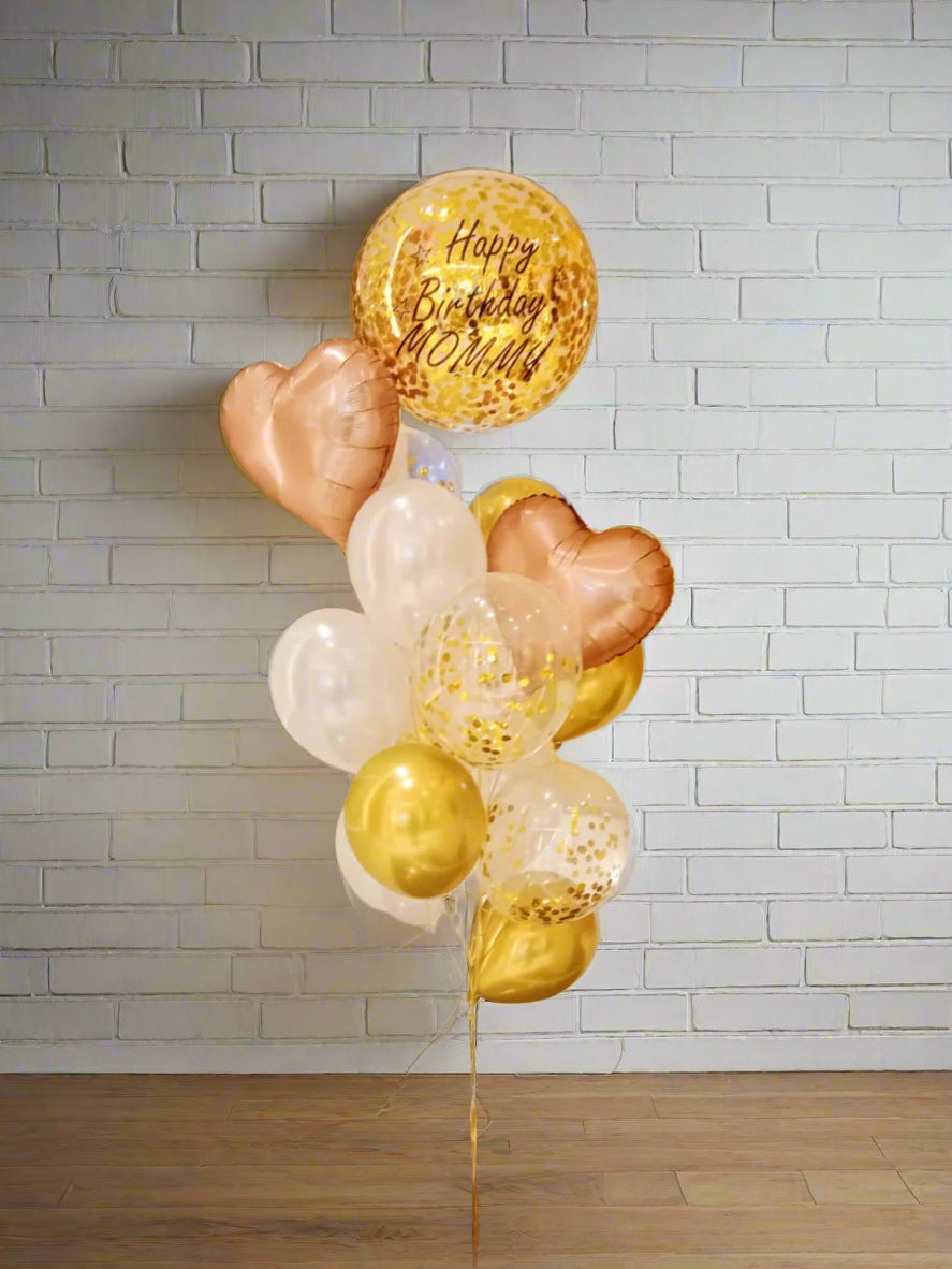 golden customized balloons bouquet with rose gold hearts 