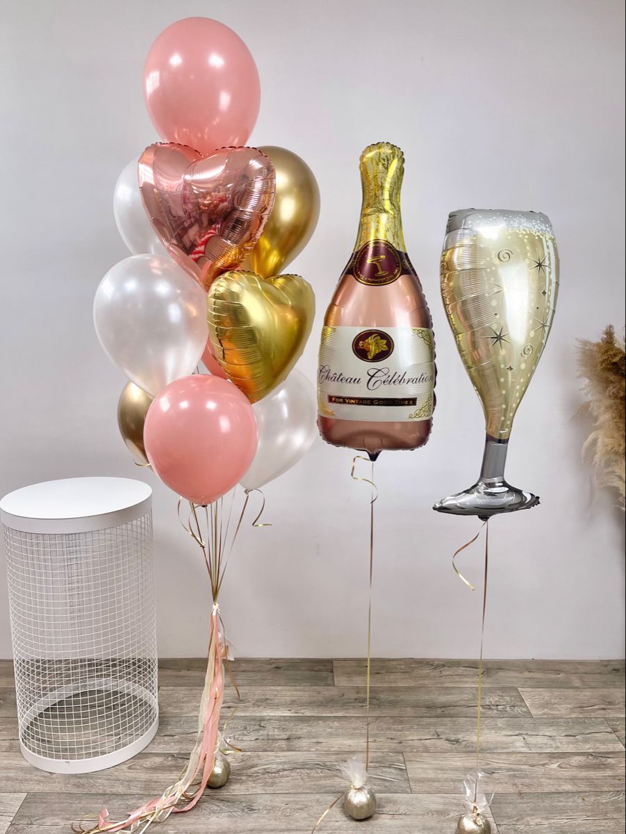 rose gold champagne bottle balloons bouquet delivery in Dubai