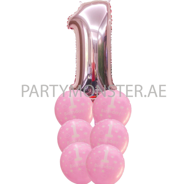 1st birthday girl pink balloons bouquet - PartyMonster.ae