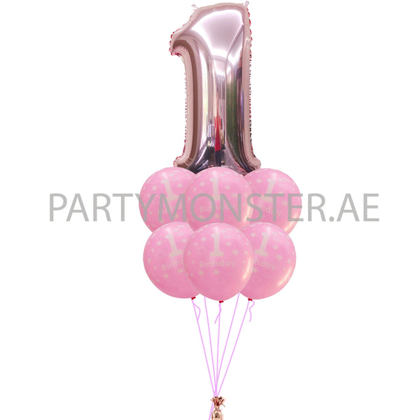 1st birthday girl pink balloons bouquet - PartyMonster.ae
