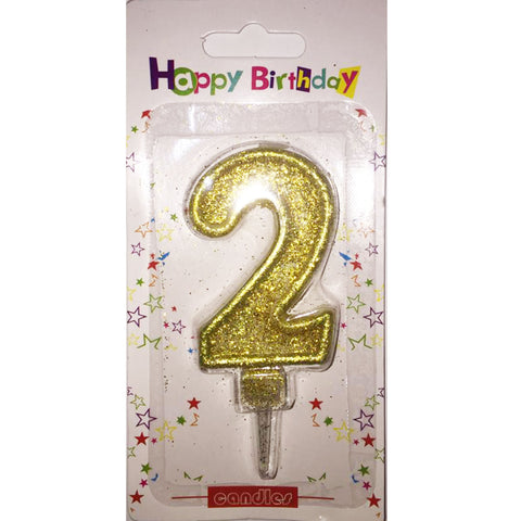 Number 2 birthday candle, golden glitter - PartyMonster.ae