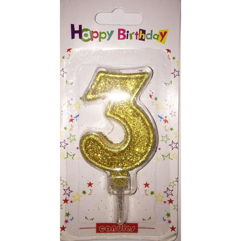 Number 3 birthday candle, golden glitter - PartyMonster.ae