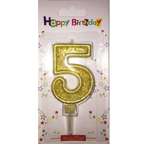Number 5 birthday candle, golden glitter - PartyMonster.ae