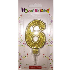 Number 6 birthday candle, golden glitter - PartyMonster.ae