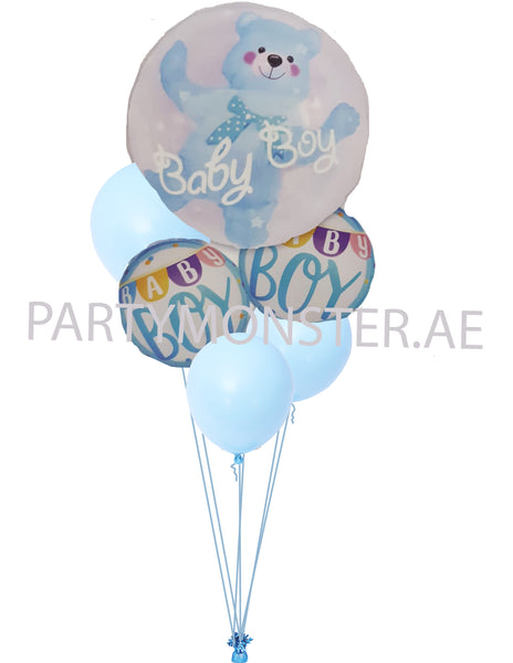 Baby Boy Teddy in a Bubble Balloons Bouquet for sale online in Dubai