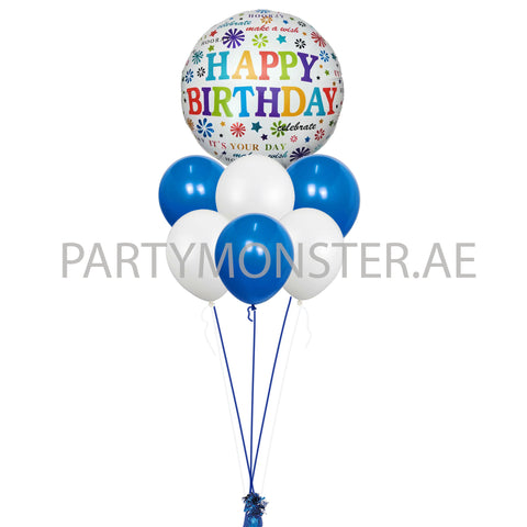 Blue and white happy birthday balloons bouquet - PartyMonster.ae