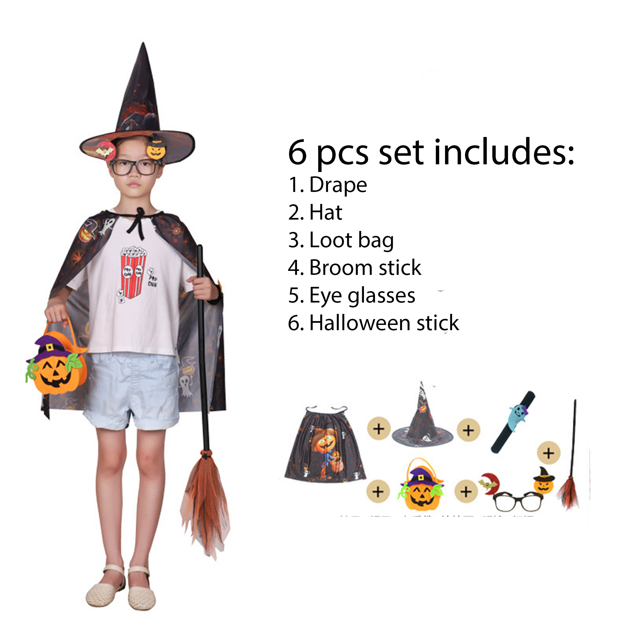 Kid's 6 pcs halloween magician witch black costume set