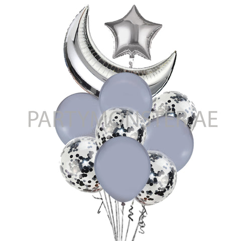 Ramadan or Eid balloons bouquet (grey & silver) - PartyMonster.ae