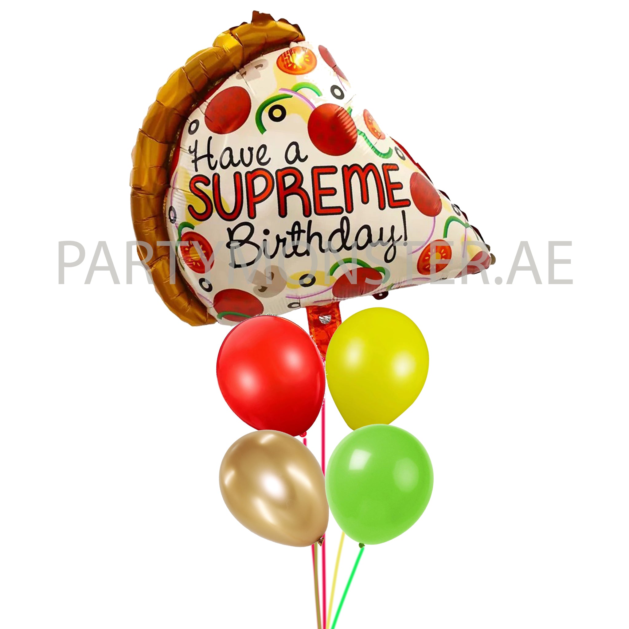 Supreme Pizza birthday balloons bouquet - PartyMonster.ae