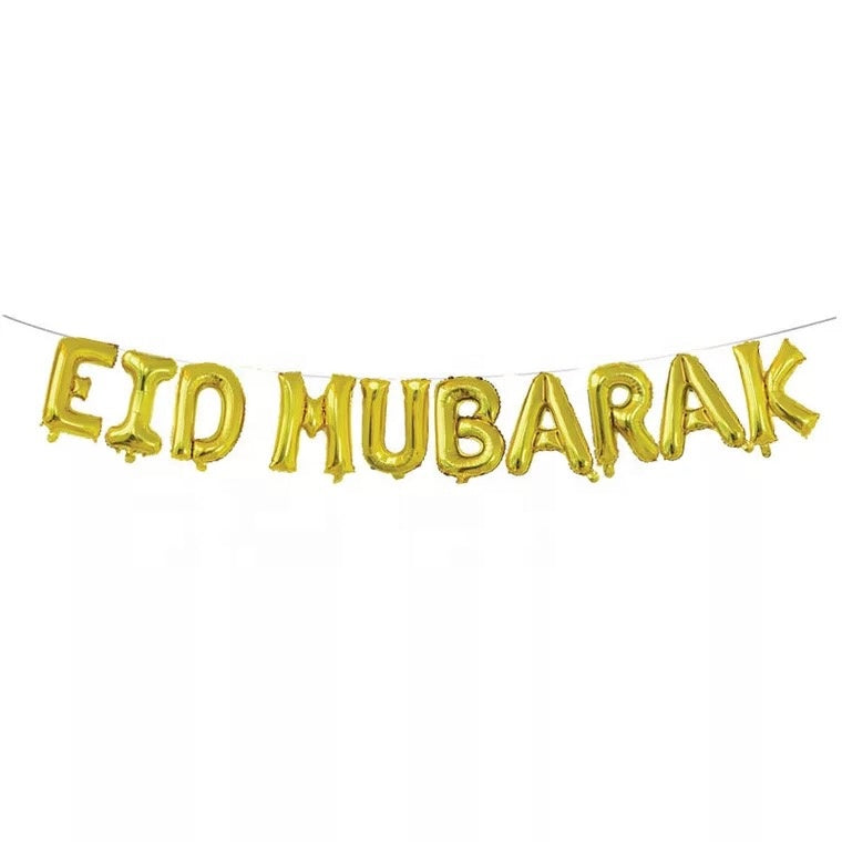 Eid Mubarak foil balloons bunting banner set (golden) - PartyMonster.ae