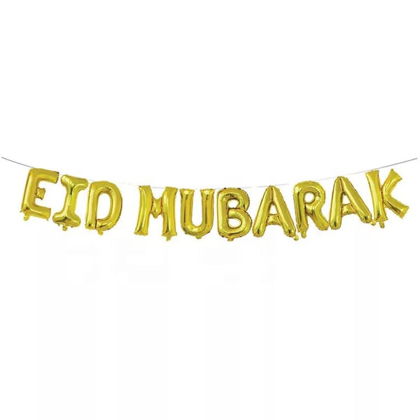Eid Mubarak foil balloons bunting banner set (golden) - PartyMonster.ae