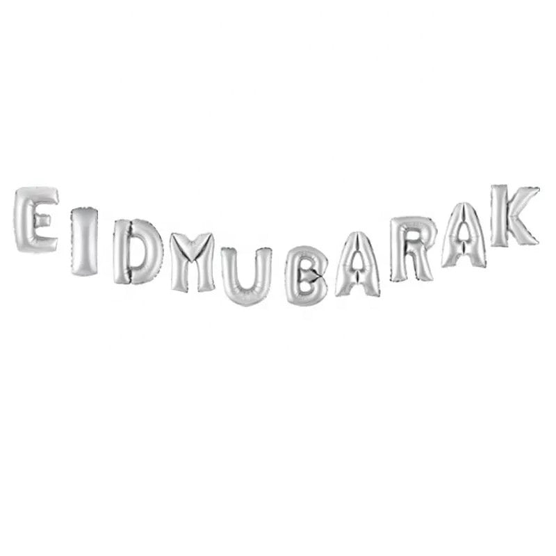 Eid Mubarak foil balloons bunting banner set (silver) - PartyMonster.ae