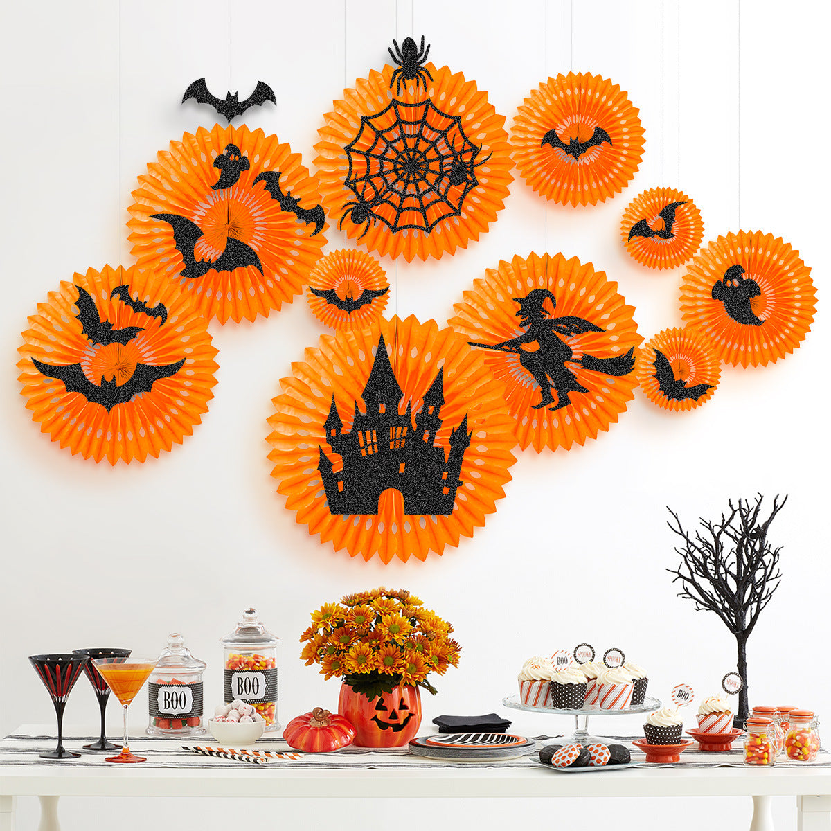 Halloween paper fans hanging decoration 12 pcs