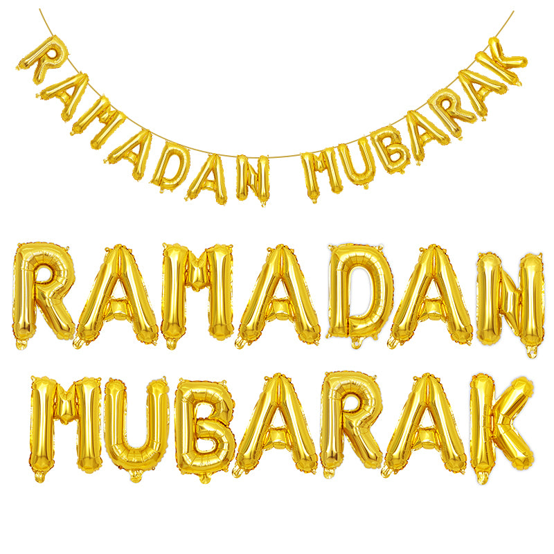 Ramadan Mubarak foil balloons bunting banner set (golden) - PartyMonster.ae