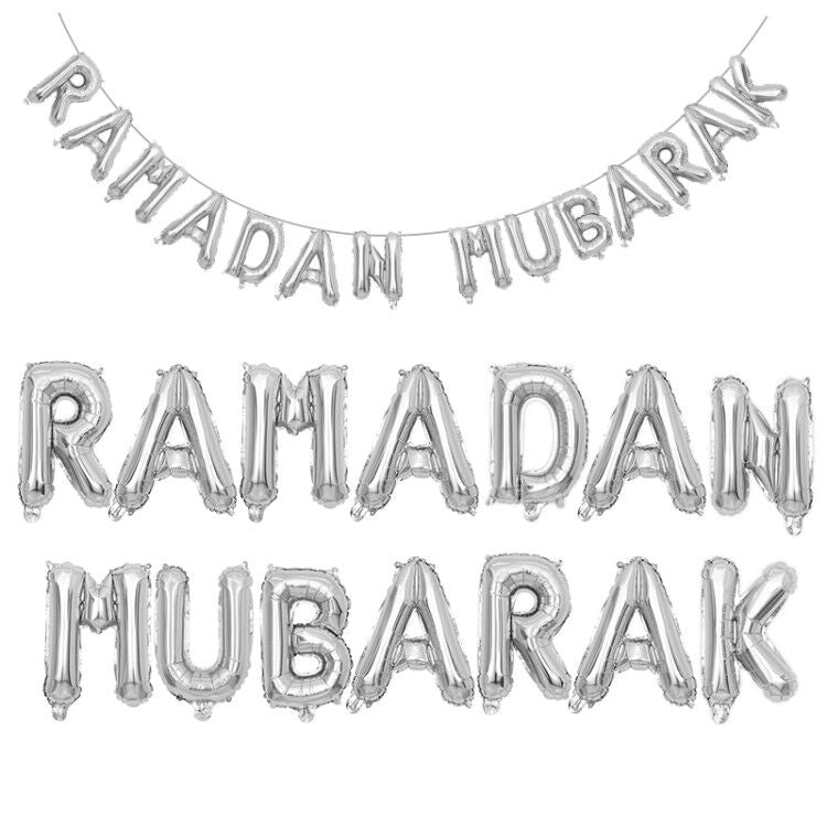 Ramadan Mubarak foil balloons bunting banner set (silver) - PartyMonster.ae