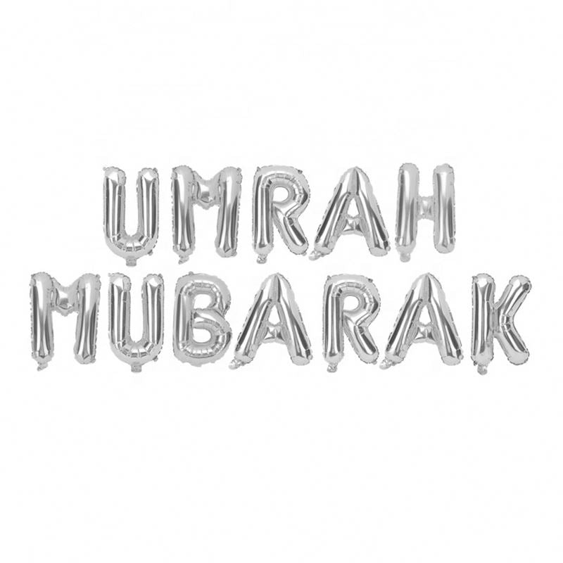 Umrah Mubarak foil balloons banner set (silver) - PartyMonster.ae